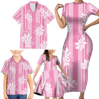 Hawaii Kakau Tribal Family Matching Short Sleeve Bodycon Dress and Hawaiian Shirt With Pink Tiare LT05 - Polynesian Pride