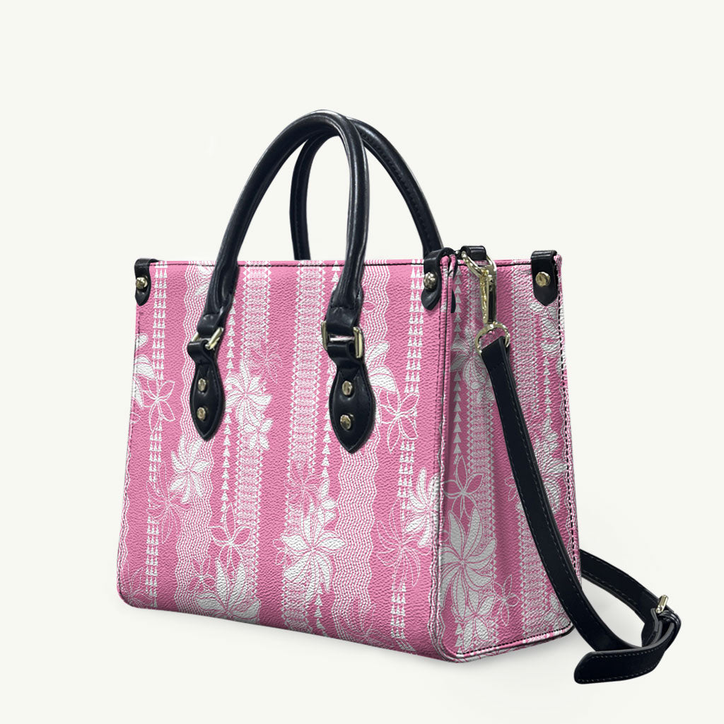 Hawaii Kakau Tribal Leather Bag With Pink Tiare LT05 Pink - Polynesian Pride