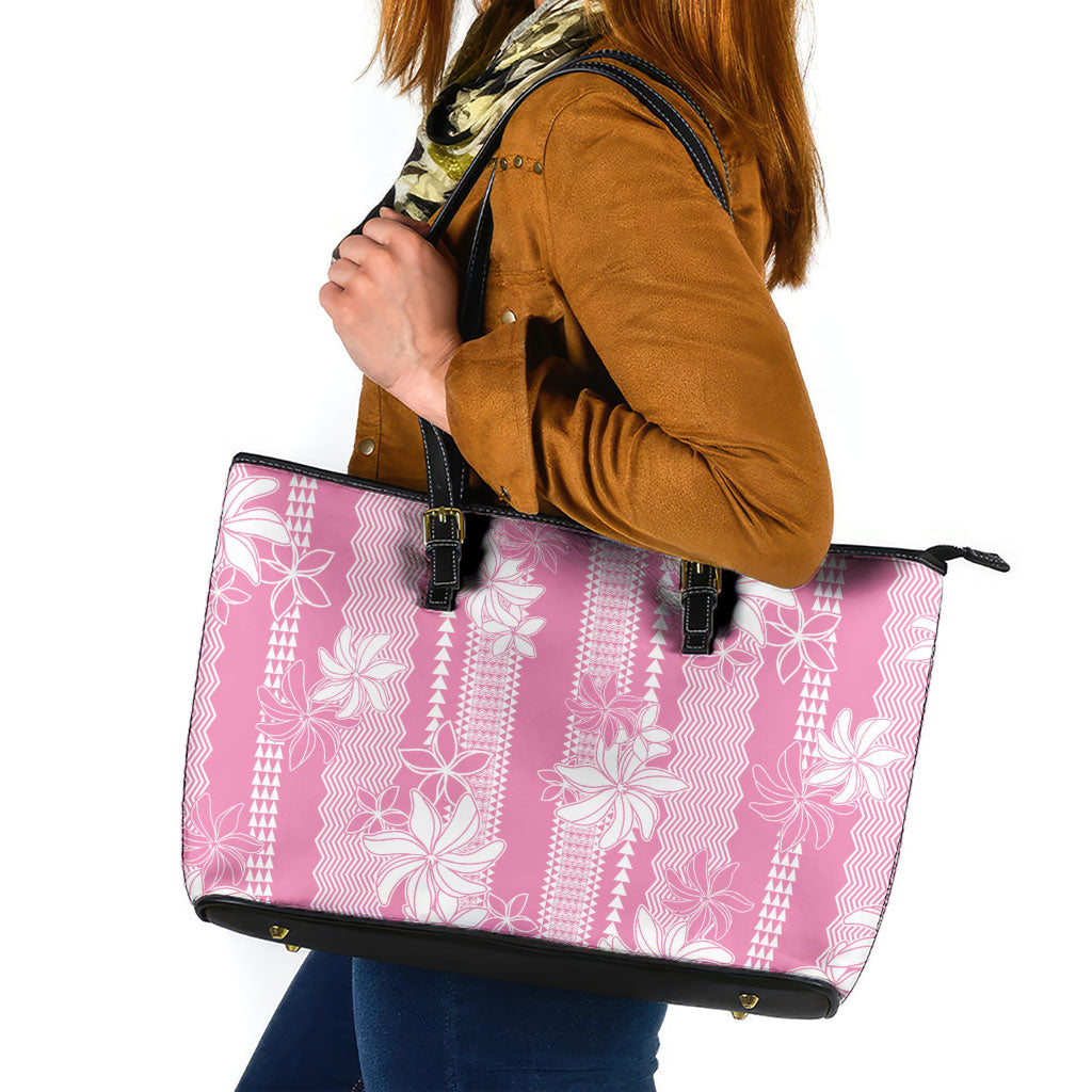 Hawaii Kakau Tribal Leather Tote Bag With Pink Tiare