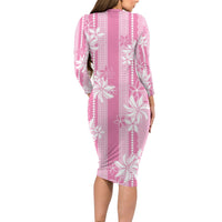 Hawaii Kakau Tribal Long Sleeve Bodycon Dress With Pink Tiare