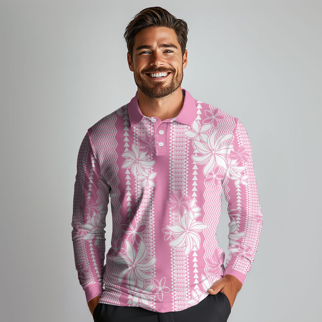 Hawaii Kakau Tribal Long Sleeve Polo Shirt With Pink Tiare