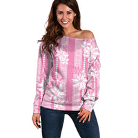 Hawaii Kakau Tribal Off Shoulder Sweater With Pink Tiare