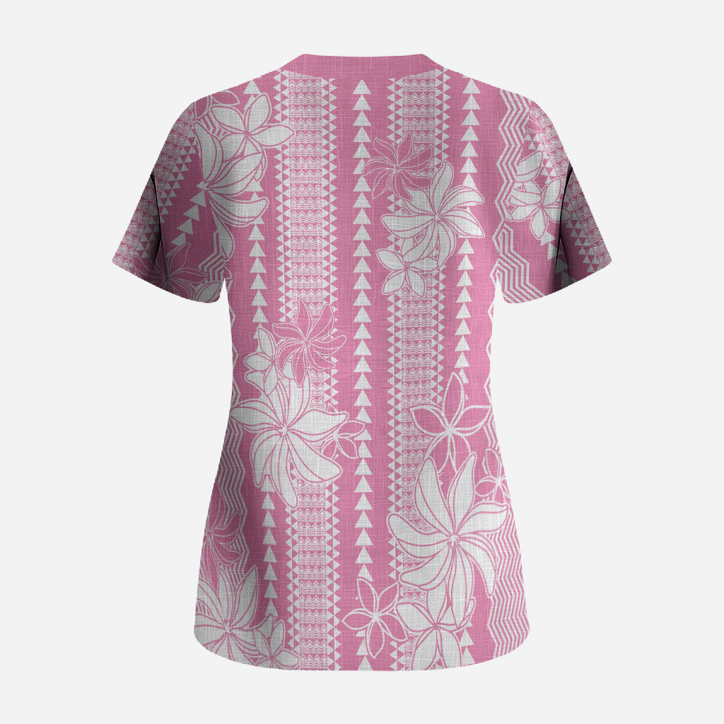 Hawaii Kakau Tribal Scrub Top With Pink Tiare