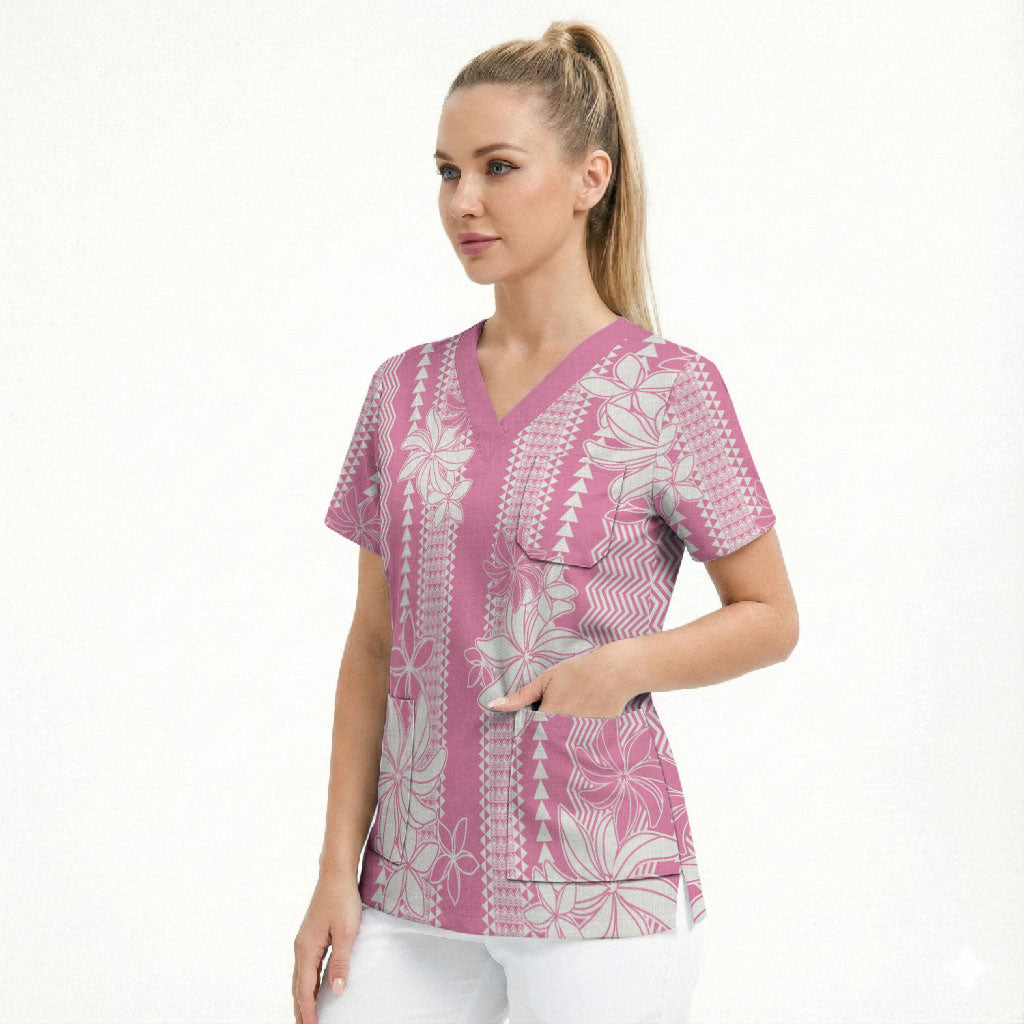 Hawaii Kakau Tribal Scrub Top With Pink Tiare