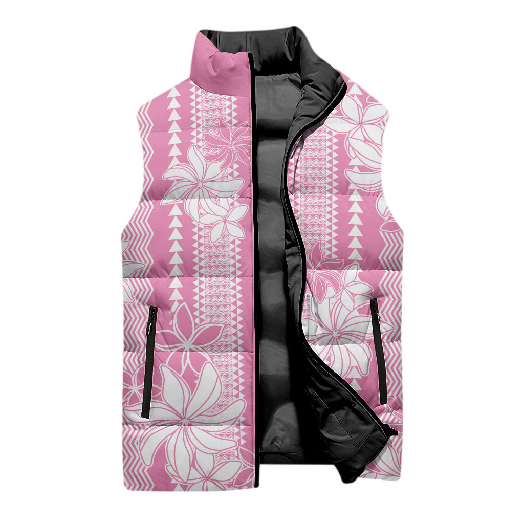 Hawaii Kakau Tribal Sleeveless Puffer Jacket With Pink Tiare