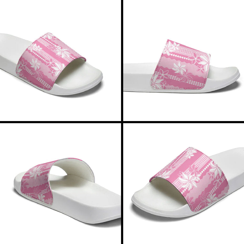 Hawaii Kakau Tribal Slide Sandals With Pink Tiare