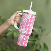 Hawaii Kakau Tribal Tumbler With Handle With Pink Tiare