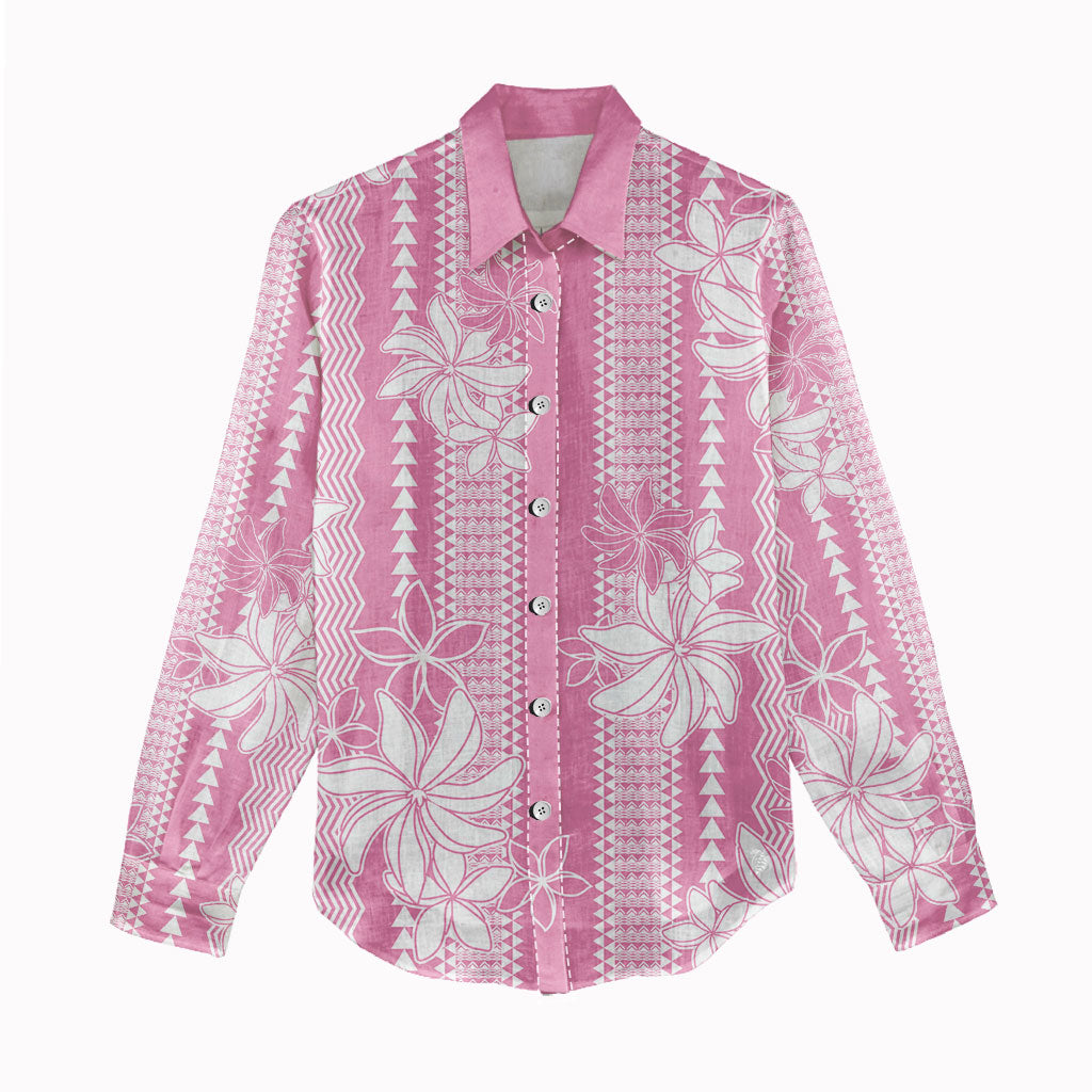 Hawaii Kakau Tribal Women Casual Shirt With Pink Tiare