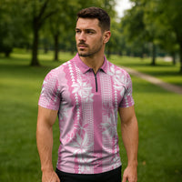 Hawaii Kakau Tribal Zipper Polo Shirt With Pink Tiare