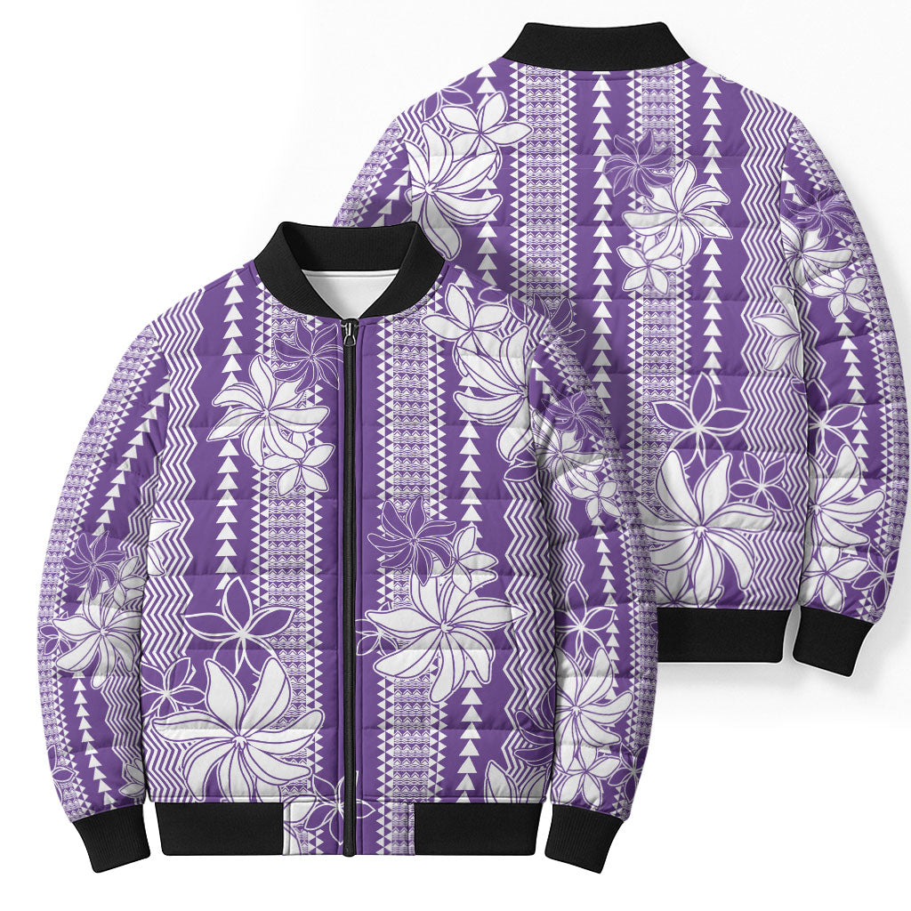 Hawaii Kakau Tribal Bomber Puffer Jacket With Purple Tiare