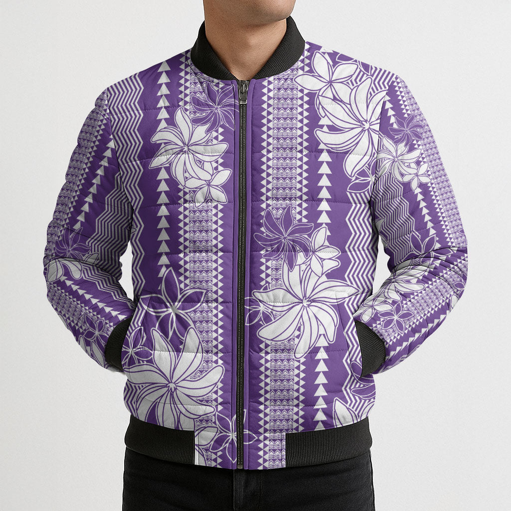 Hawaii Kakau Tribal Bomber Puffer Jacket With Purple Tiare