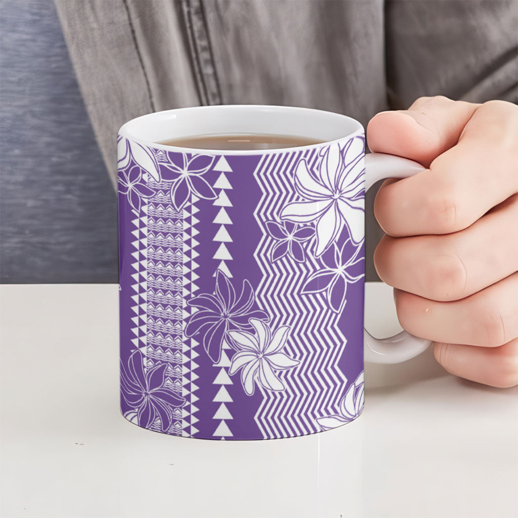 Hawaii Kakau Tribal Ceramic Mug With Purple Tiare