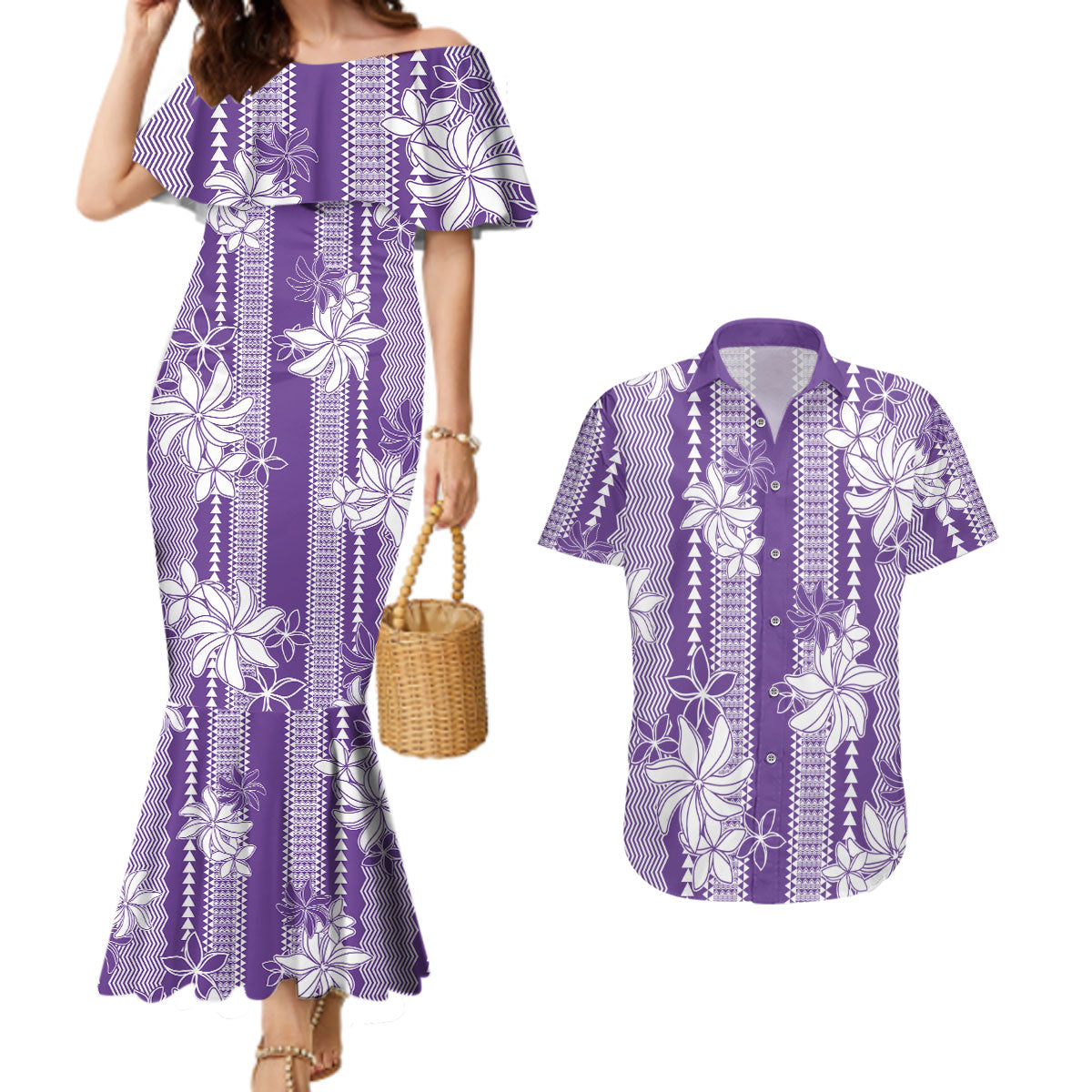 Hawaii Kakau Tribal Couples Matching Mermaid Dress and Hawaiian Shirt With Purple Tiare