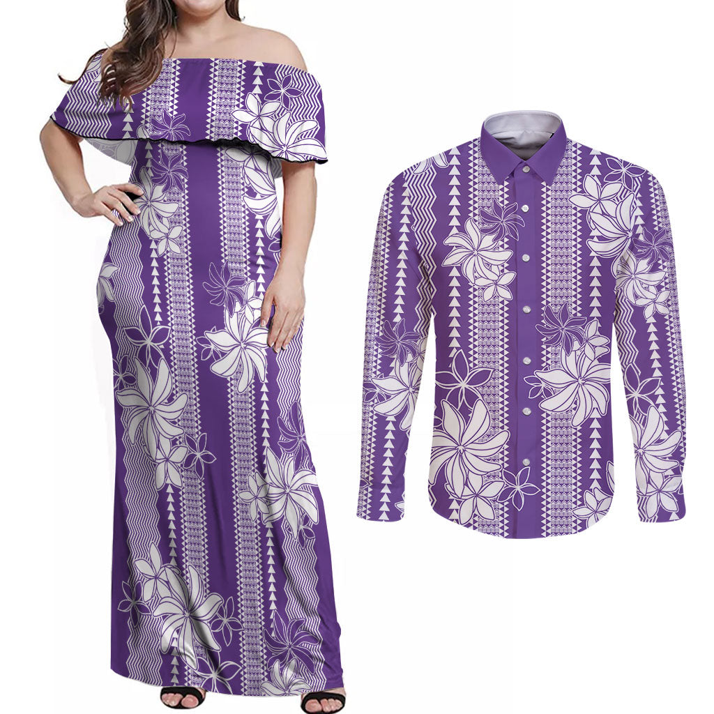 Hawaii Kakau Tribal Couples Matching Off Shoulder Maxi Dress and Long Sleeve Button Shirt With Purple Tiare LT05 Purple - Polynesian Pride