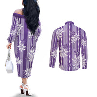 Hawaii Kakau Tribal Couples Matching Off The Shoulder Long Sleeve Dress and Long Sleeve Button Shirt With Purple Tiare