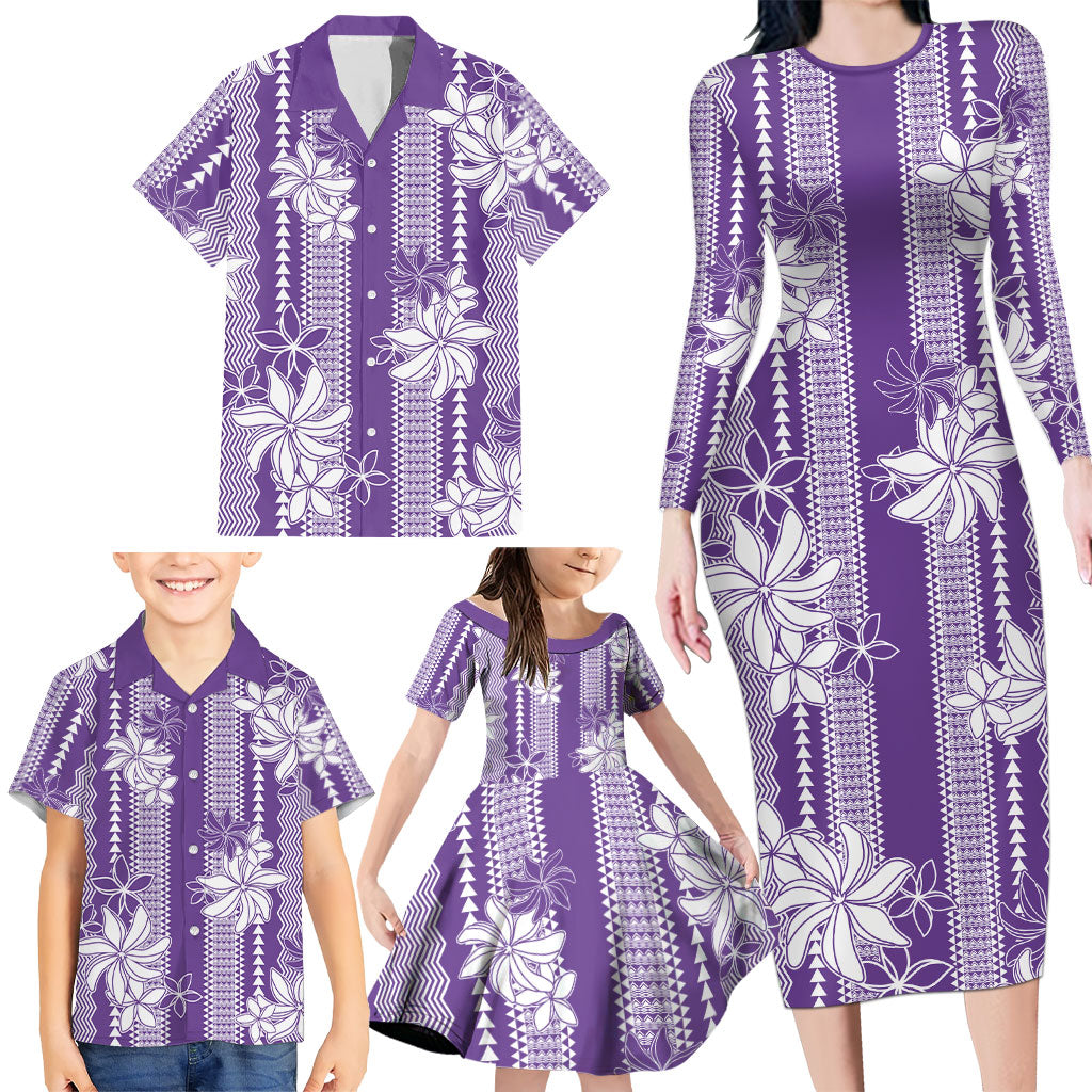 Hawaii Kakau Tribal Family Matching Long Sleeve Bodycon Dress and Hawaiian Shirt With Purple Tiare