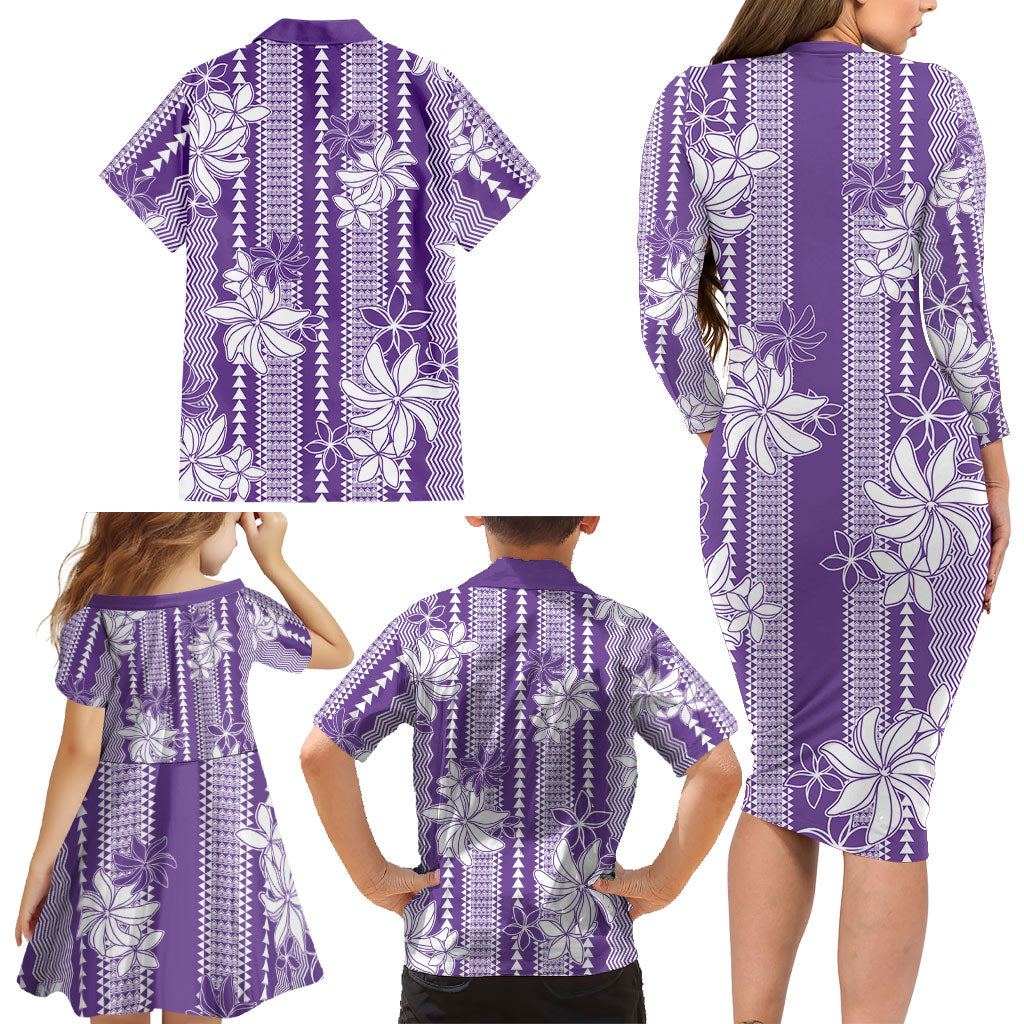Hawaii Kakau Tribal Family Matching Long Sleeve Bodycon Dress and Hawaiian Shirt With Purple Tiare LT05 - Polynesian Pride