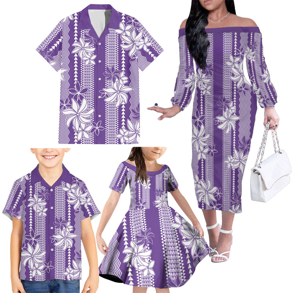 Hawaii Kakau Tribal Family Matching Off The Shoulder Long Sleeve Dress and Hawaiian Shirt With Purple Tiare LT05 - Polynesian Pride