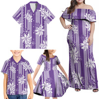 Hawaii Kakau Tribal Family Matching Off Shoulder Maxi Dress and Hawaiian Shirt With Purple Tiare LT05 - Polynesian Pride