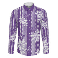 Hawaii Kakau Tribal Family Matching Off Shoulder Maxi Dress and Hawaiian Shirt With Purple Tiare LT05 Dad's Shirt - Long Sleeve Purple - Polynesian Pride