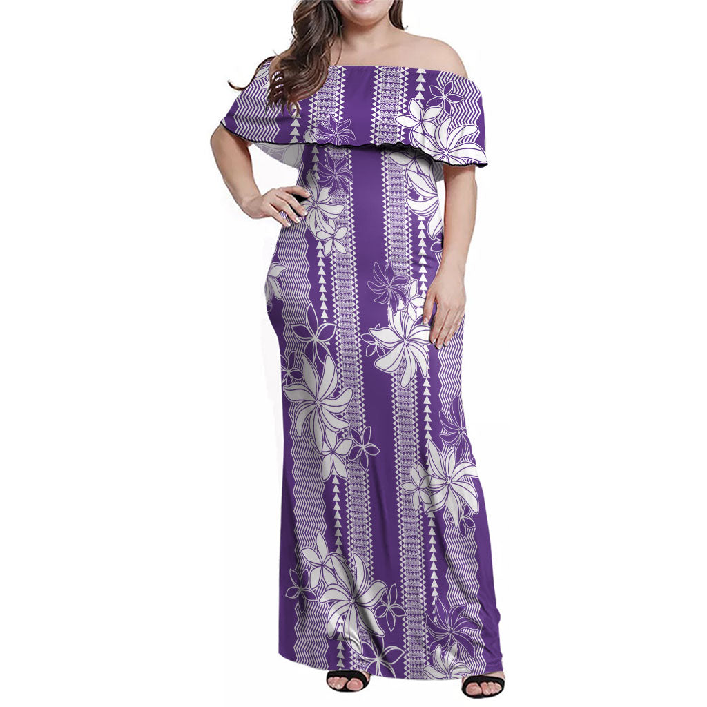 Hawaii Kakau Tribal Family Matching Off Shoulder Maxi Dress and Hawaiian Shirt With Purple Tiare LT05 Mom's Dress Purple - Polynesian Pride