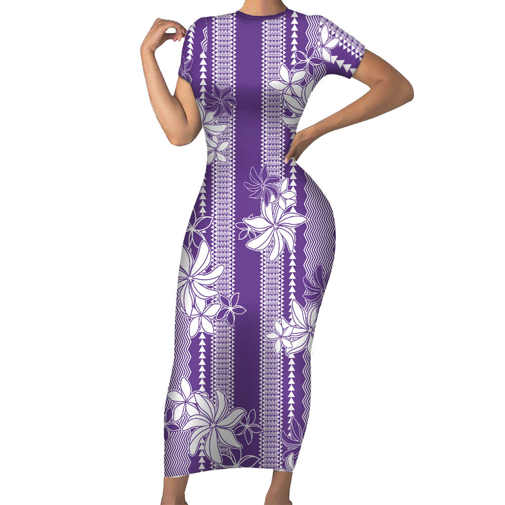 Hawaii Kakau Tribal Family Matching Short Sleeve Bodycon Dress and Hawaiian Shirt With Purple Tiare LT05 Mom's Dress Purple - Polynesian Pride