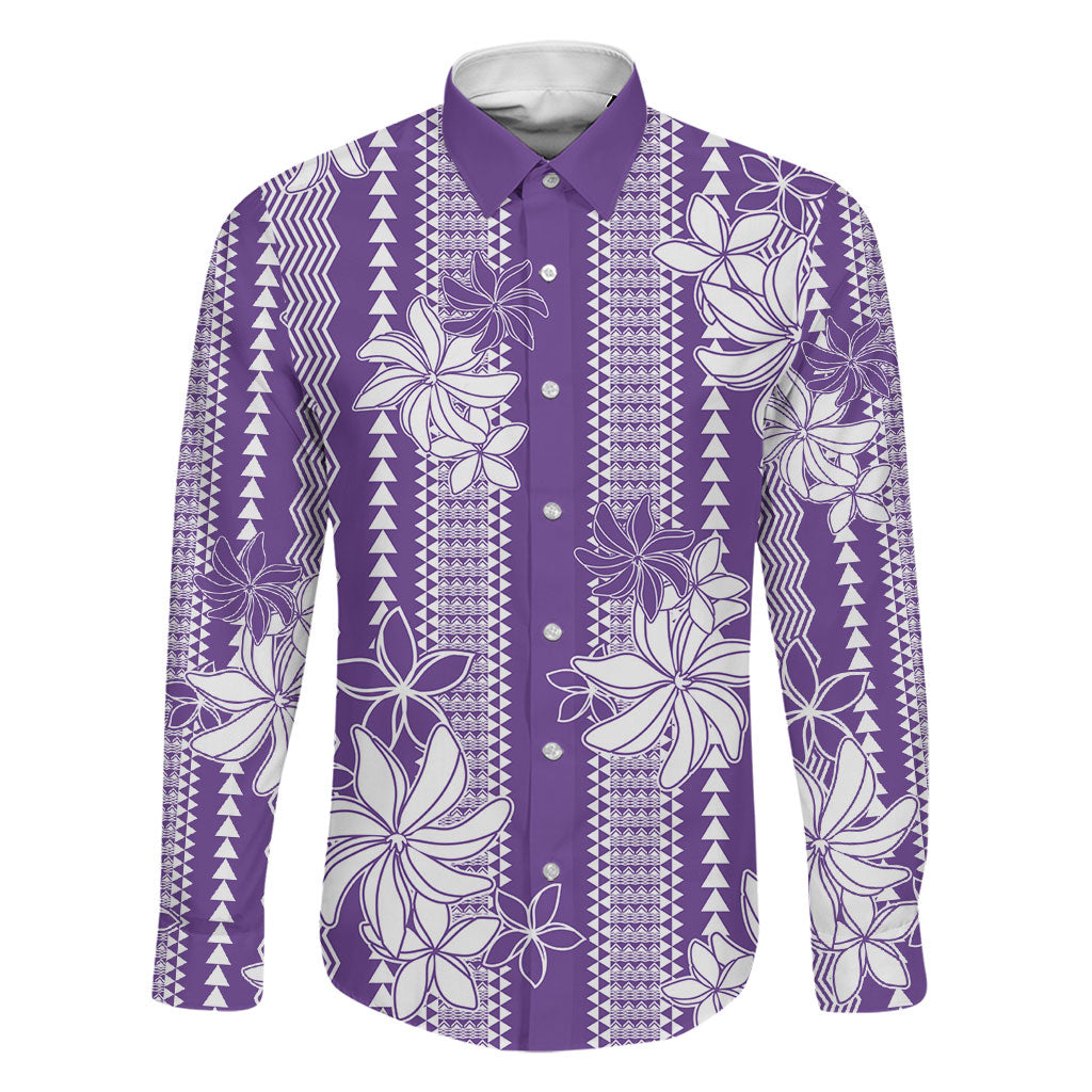 Hawaii Kakau Tribal Family Matching Summer Maxi Dress and Hawaiian Shirt With Purple Tiare LT05 Dad's Shirt - Long Sleeve Purple - Polynesian Pride