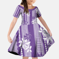 Hawaii Kakau Tribal Kid Short Sleeve Dress With Purple Tiare