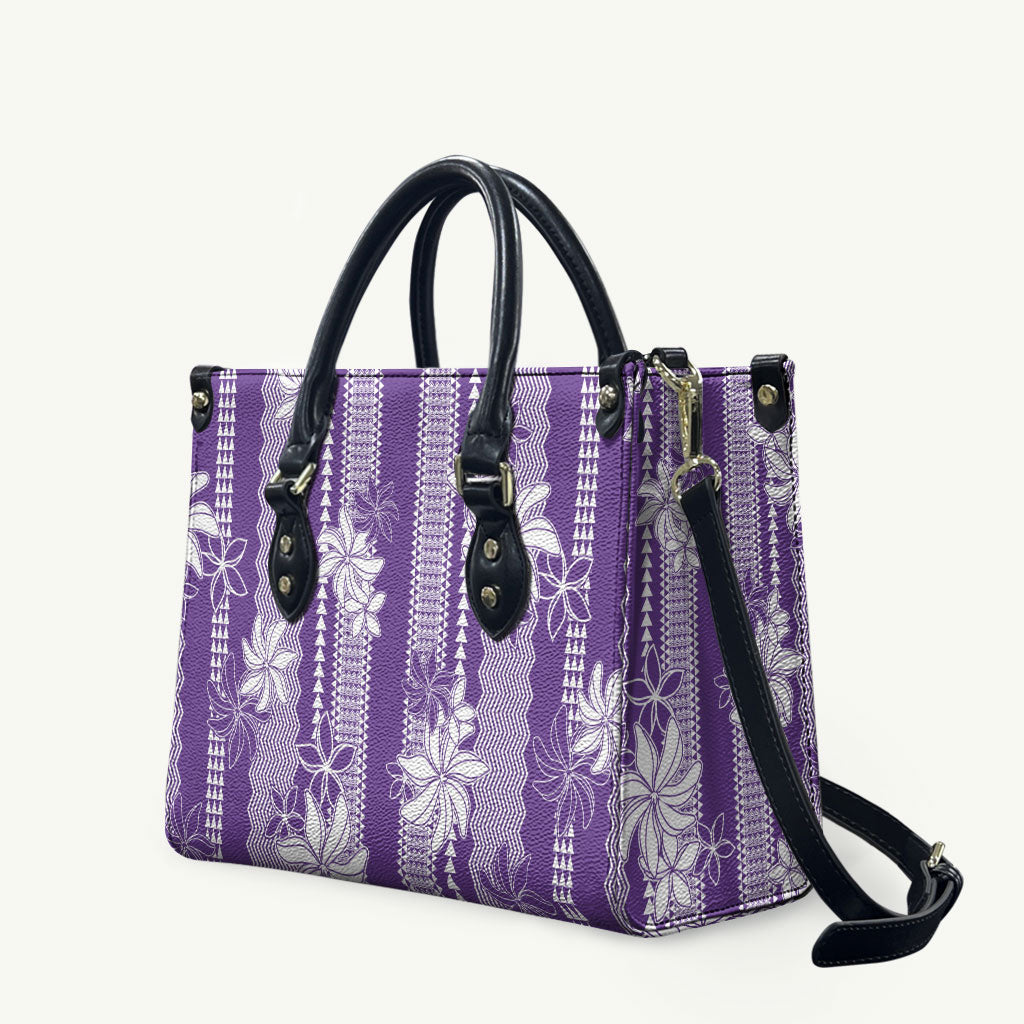 Hawaii Kakau Tribal Leather Bag With Purple Tiare