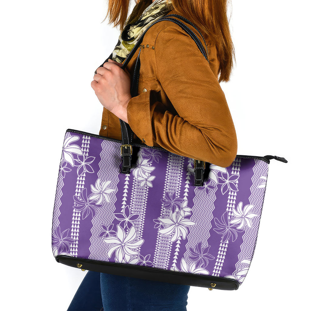 Hawaii Kakau Tribal Leather Tote Bag With Purple Tiare LT05 Purple - Polynesian Pride