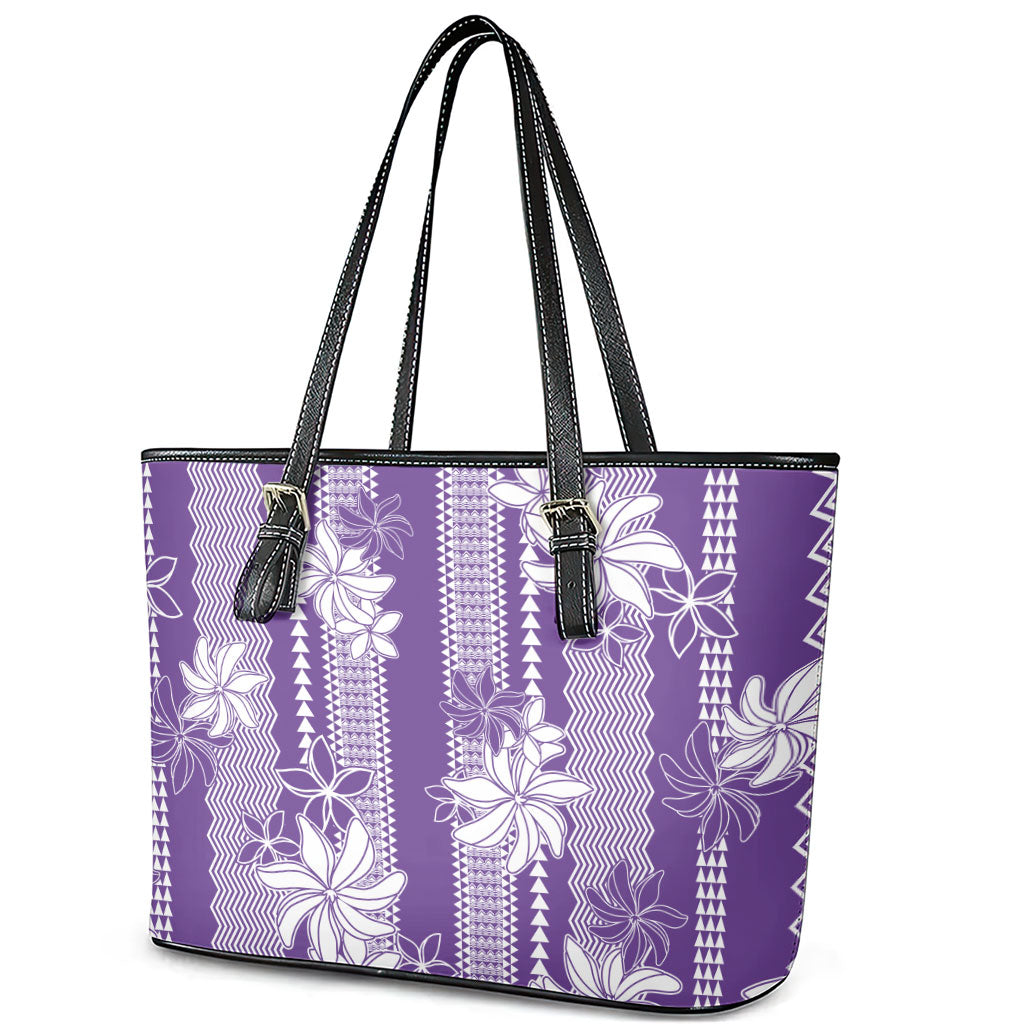 Hawaii Kakau Tribal Leather Tote Bag With Purple Tiare
