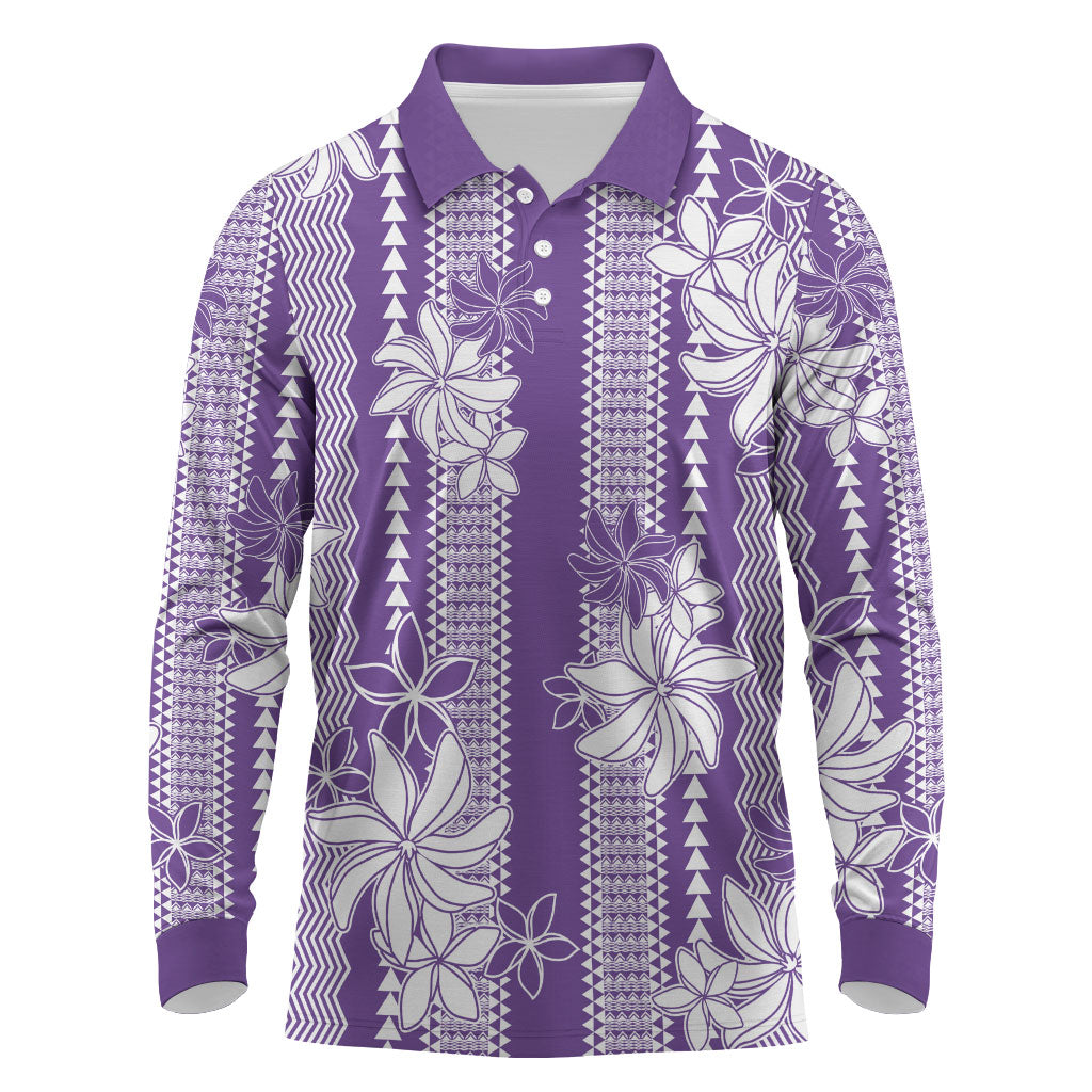 Hawaii Kakau Tribal Long Sleeve Polo Shirt With Purple Tiare