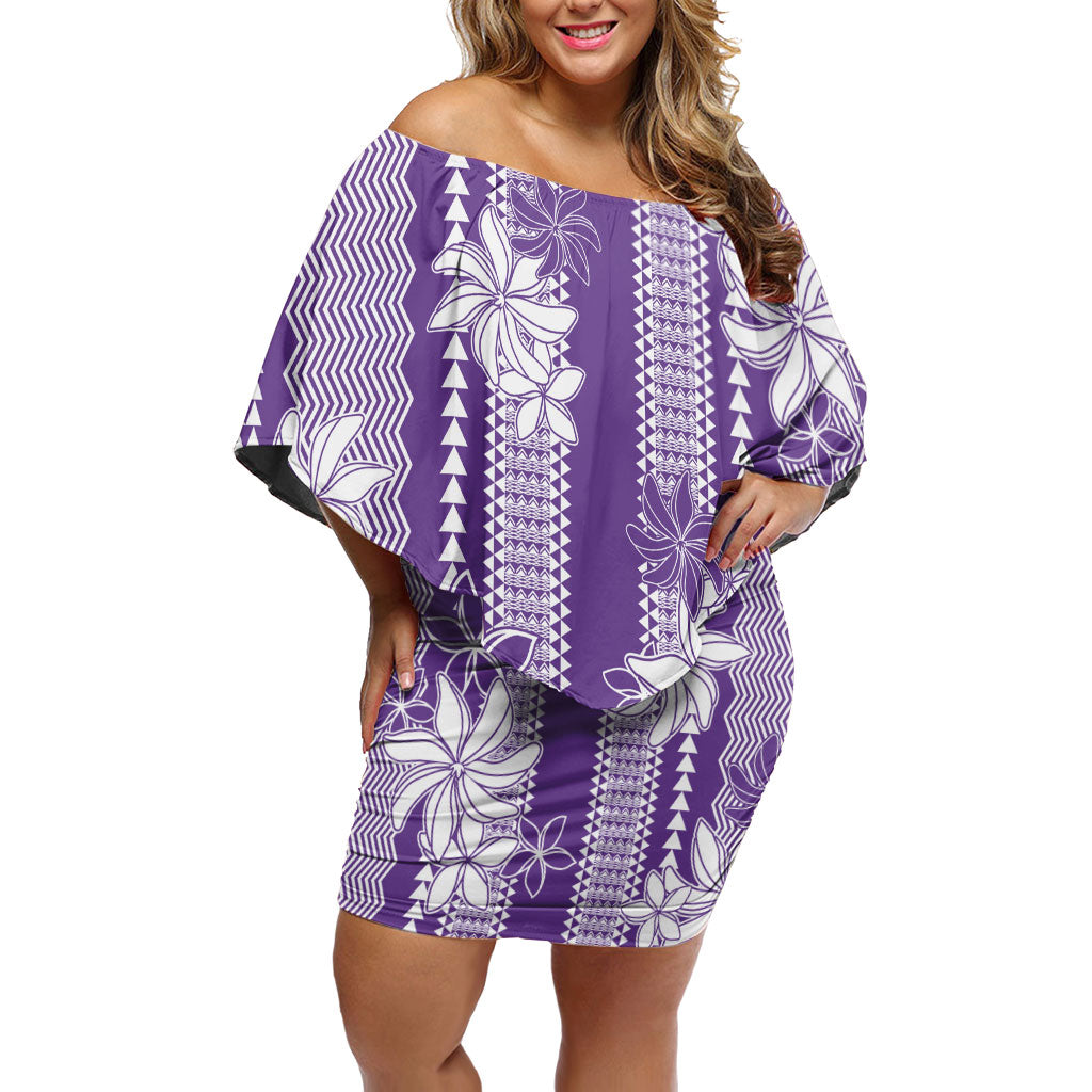 Hawaii Kakau Tribal Off Shoulder Short Dress With Purple Tiare