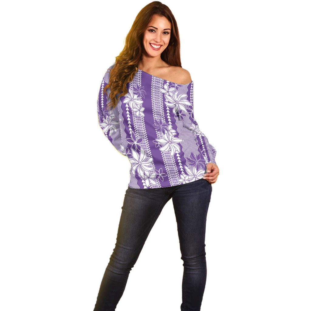 Hawaii Kakau Tribal Off Shoulder Sweater With Purple Tiare