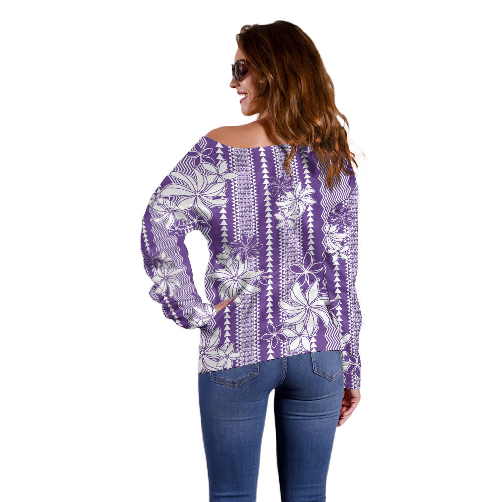 Hawaii Kakau Tribal Off Shoulder Sweater With Purple Tiare