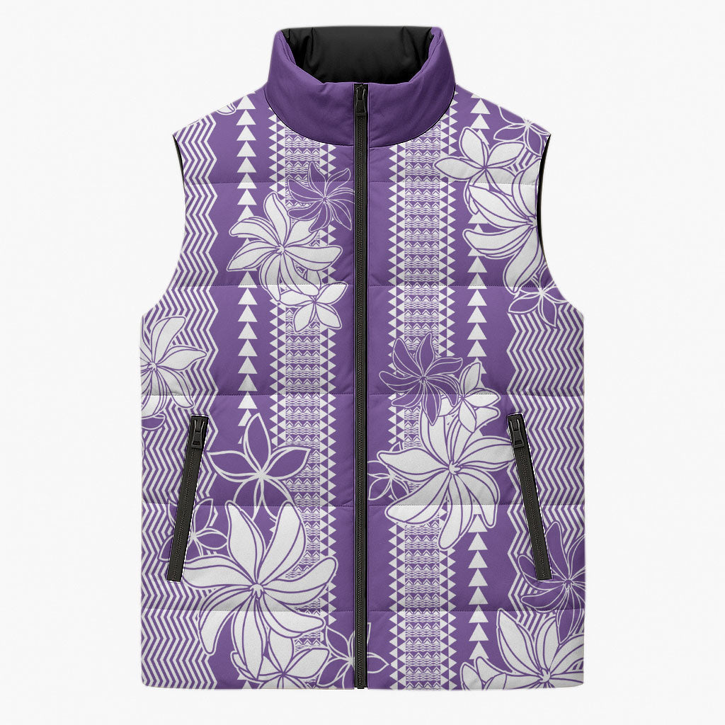 Hawaii Kakau Tribal Sleeveless Puffer Jacket With Purple Tiare LT05 Unisex Purple - Polynesian Pride