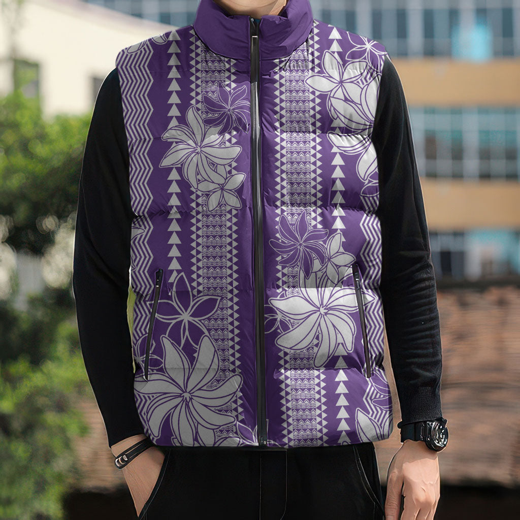 Hawaii Kakau Tribal Sleeveless Puffer Jacket With Purple Tiare