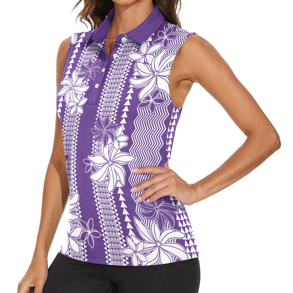 Hawaii Kakau Tribal Women Sleeveless Polo Shirt With Purple Tiare LT05 - Polynesian Pride
