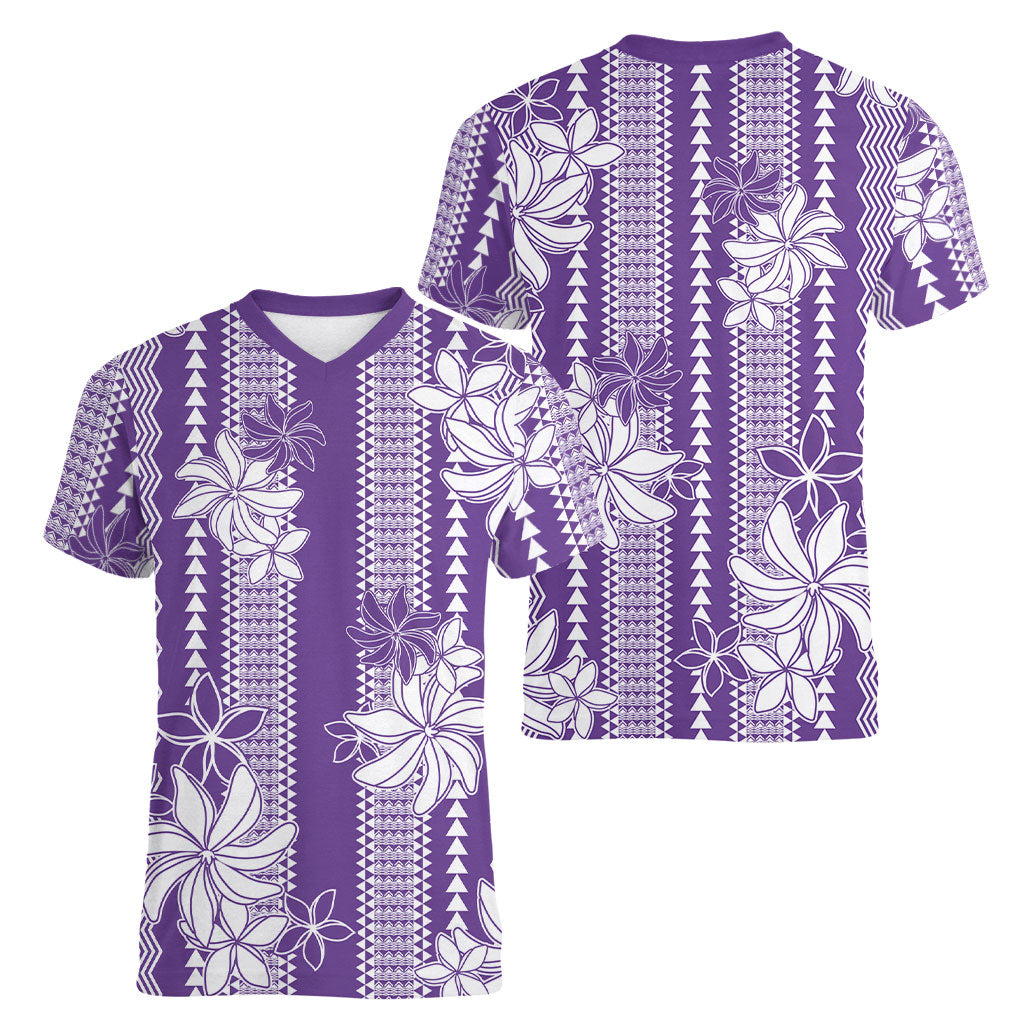 Hawaii Kakau Tribal Women V-Neck T-Shirt With Purple Tiare