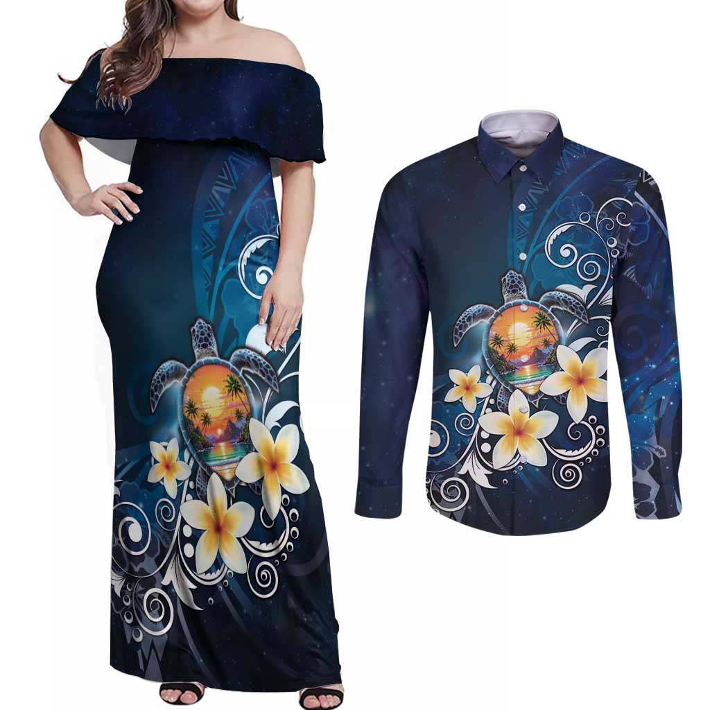 Hawaii Honu Couples Matching Off Shoulder Maxi Dress and Long Sleeve Button Shirt Polynesian Curves Plumeria - Polynesian Pride