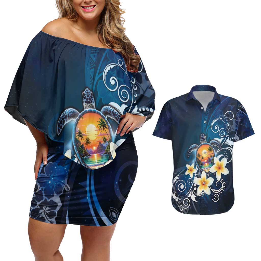 Hawaii Honu Couples Matching Off Shoulder Short Dress and Hawaiian Shirt Polynesian Curves Plumeria - Polynesian Pride
