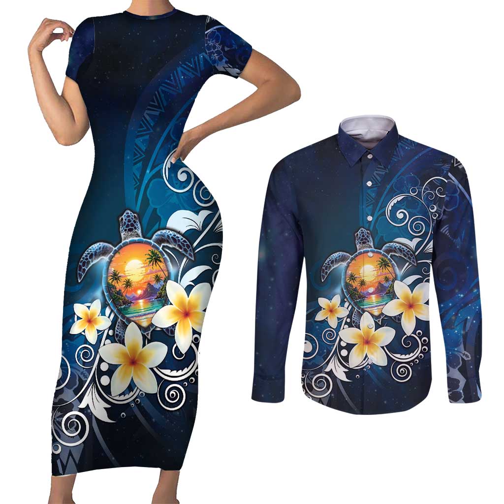 Hawaii Honu Couples Matching Short Sleeve Bodycon Dress and Long Sleeve Button Shirt Polynesian Curves Plumeria - Polynesian Pride