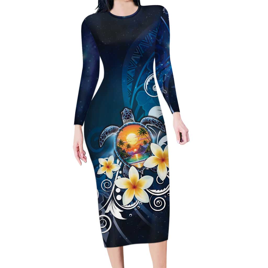 Hawaii Honu Family Matching Long Sleeve Bodycon Dress and Hawaiian Shirt Polynesian Curves Plumeria - Polynesian Pride