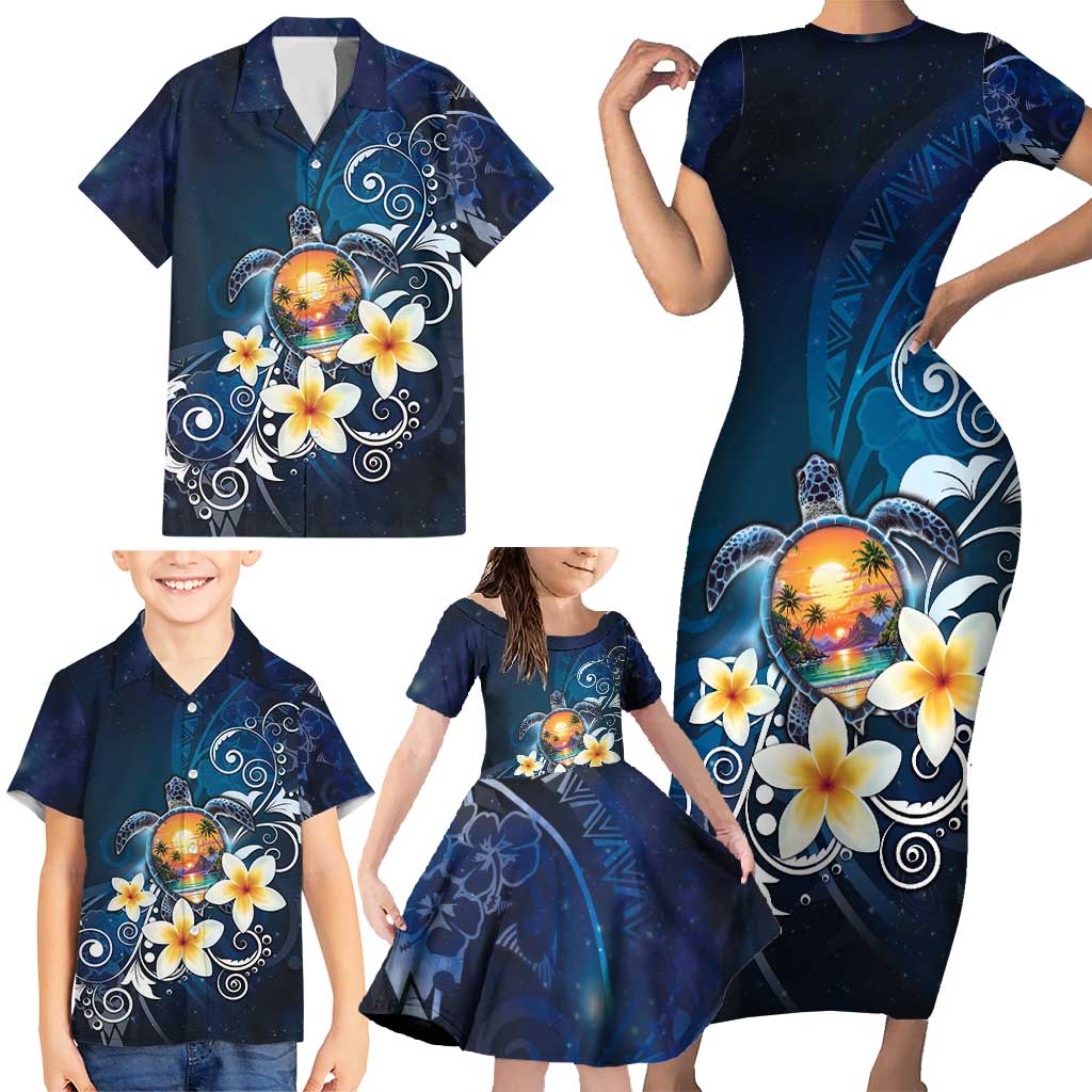 Hawaii Honu Family Matching Short Sleeve Bodycon Dress and Hawaiian Shirt Polynesian Curves Plumeria - Polynesian Pride