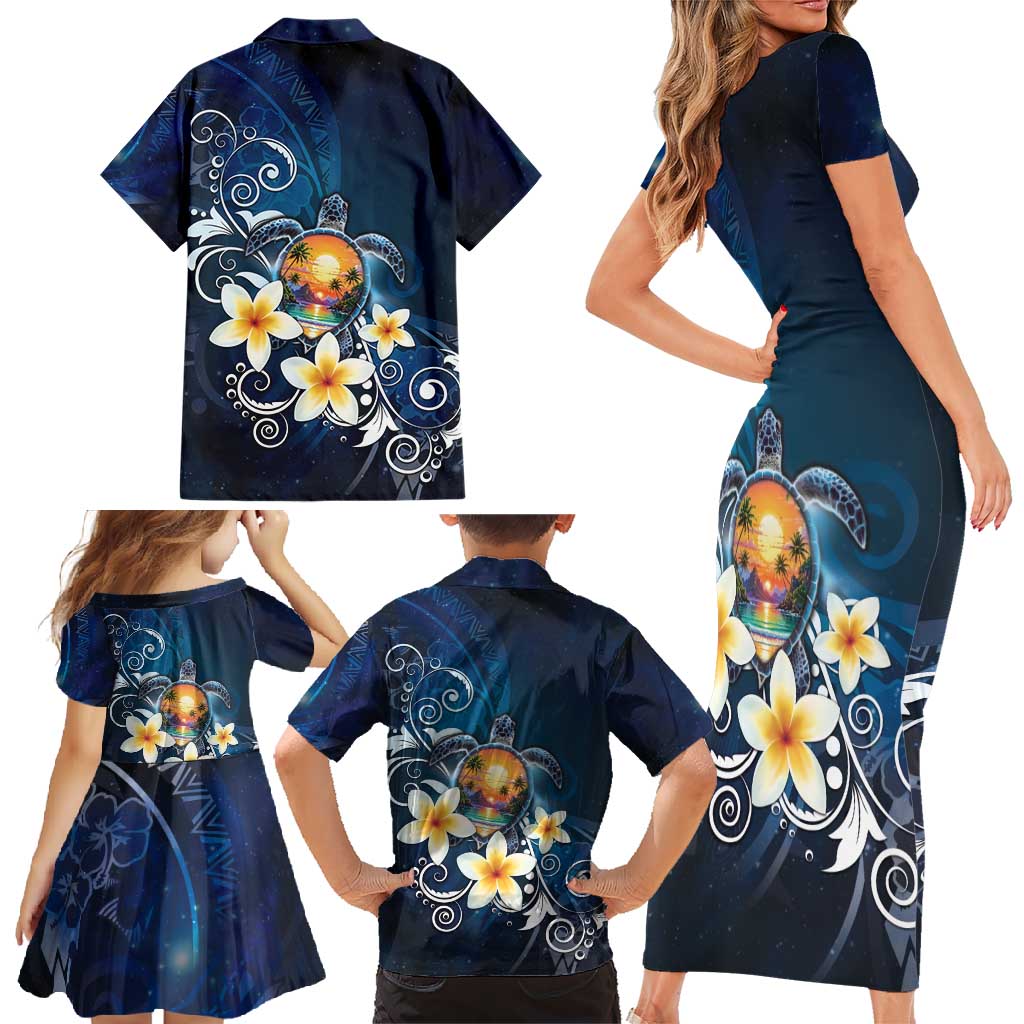 Hawaii Honu Family Matching Short Sleeve Bodycon Dress and Hawaiian Shirt Polynesian Curves Plumeria - Polynesian Pride