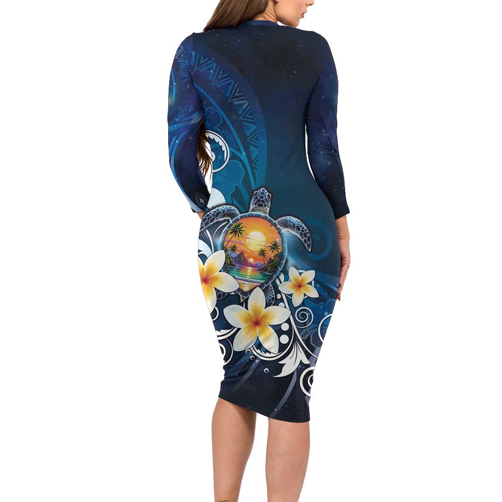 Hawaii Honu Long Sleeve Bodycon Dress Polynesian Curves Plumeria - Polynesian Pride