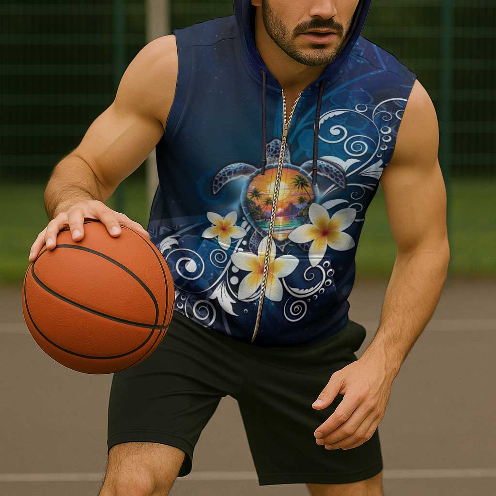 Hawaii Honu Sleeveless Zip Hoodie Polynesian Curves Plumeria - Polynesian Pride