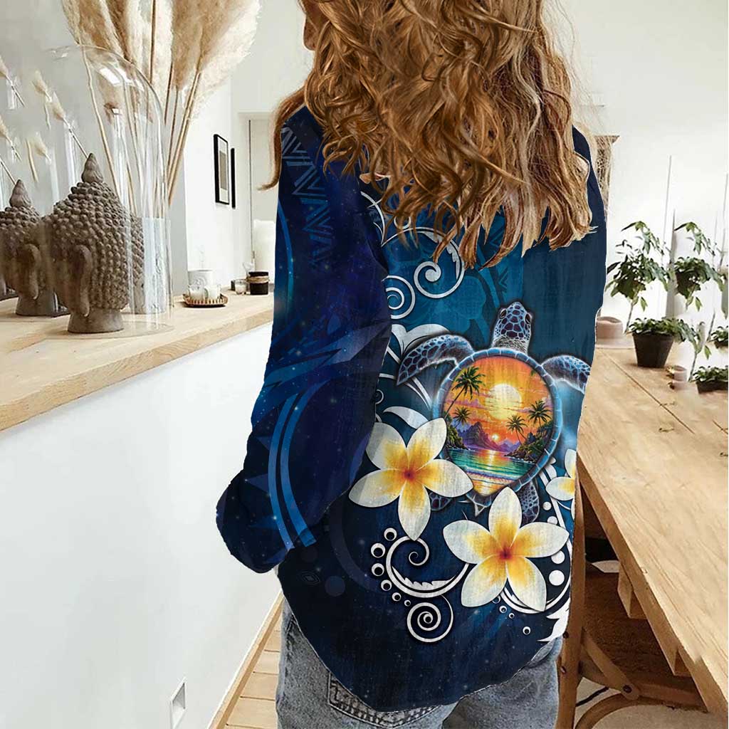 Hawaii Honu Women Casual Shirt Polynesian Curves Plumeria - Polynesian Pride