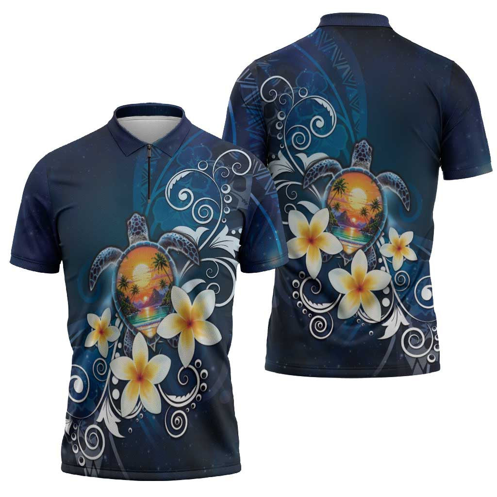 Hawaii Honu Zipper Polo Shirt Polynesian Curves Plumeria - Polynesian Pride