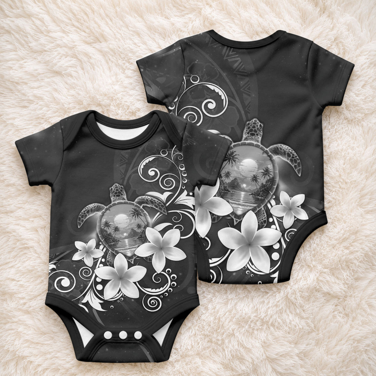 Hawaii Honu Baby Onesie Polynesian Curves Plumeria Grayscale